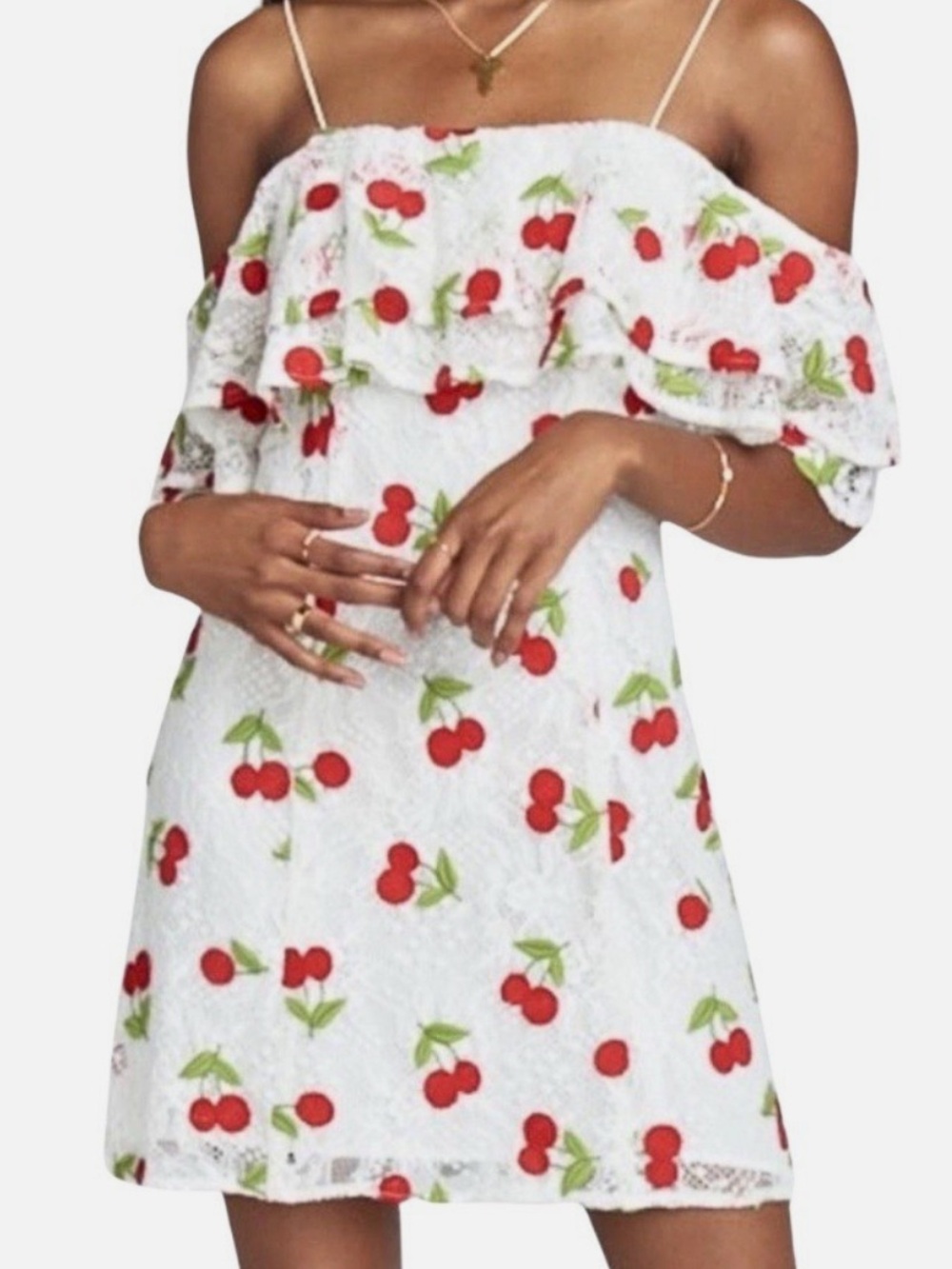 Show Me Your Mumu White Rita Dress with Red and Green Cherry Accent